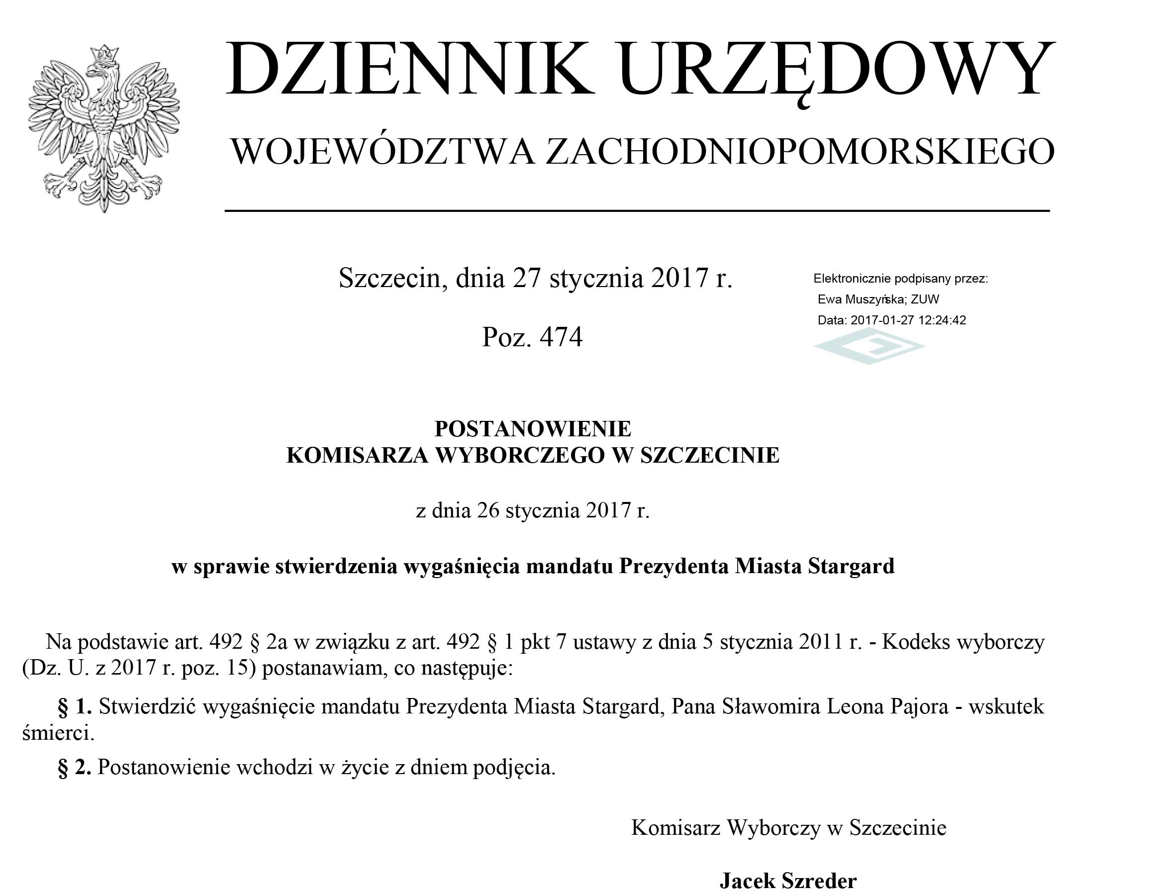 Wygasł mandat Prezydenta Sławomira Pajora