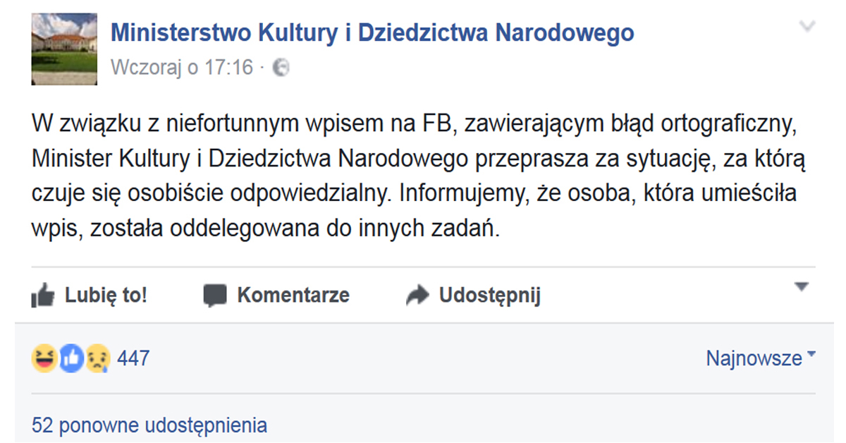 Ministerstwo Kultury oblało maturę z języka polskiego.