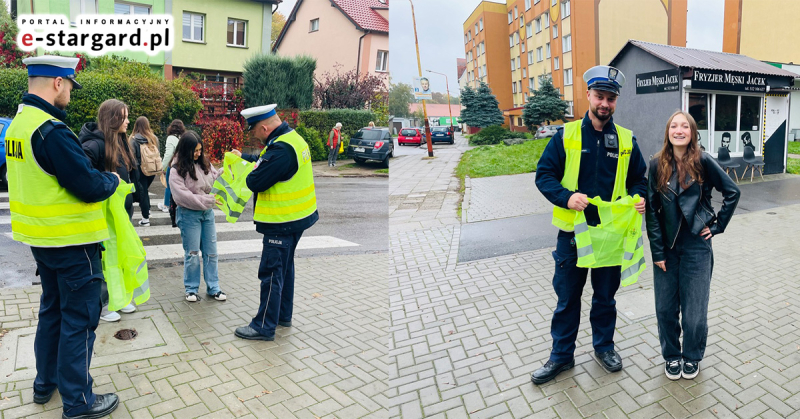 ,,Kto ma odblask na sobie, ten ratuje swoje życie i zdrowie??- policjanci rozdawali odblaski